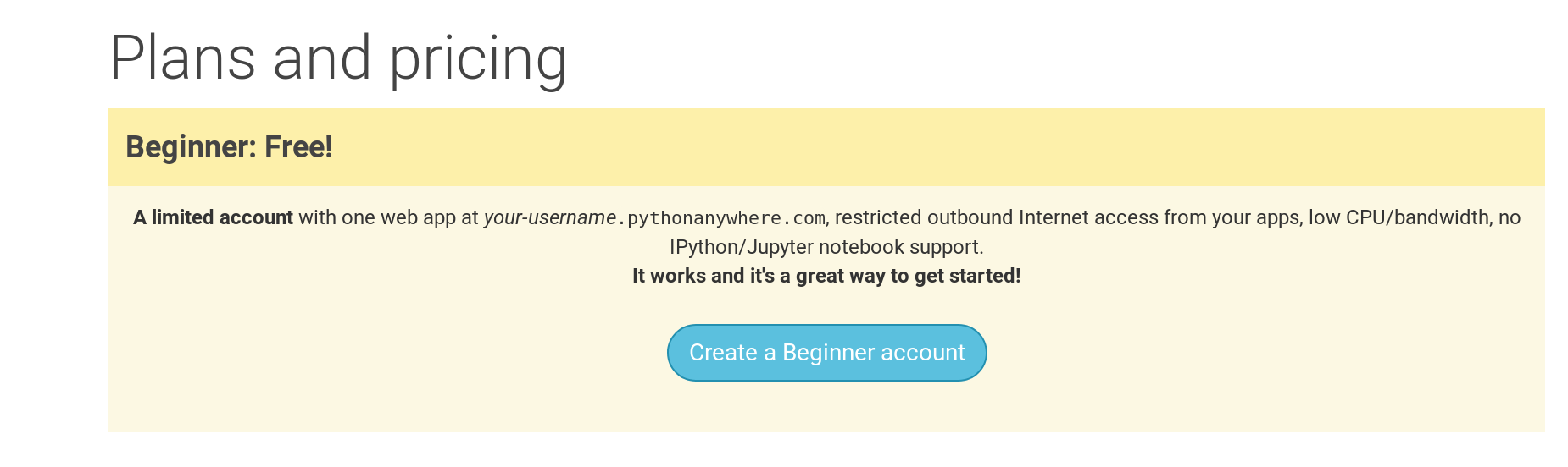 Stránka PythonAnywhere, kde sa vytvára účet, s tlačidlom pre vytvorenie "Beginner" účtu zdarma