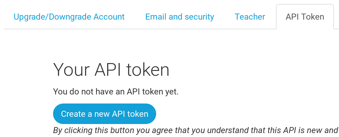 Záložka API token na Account stránke